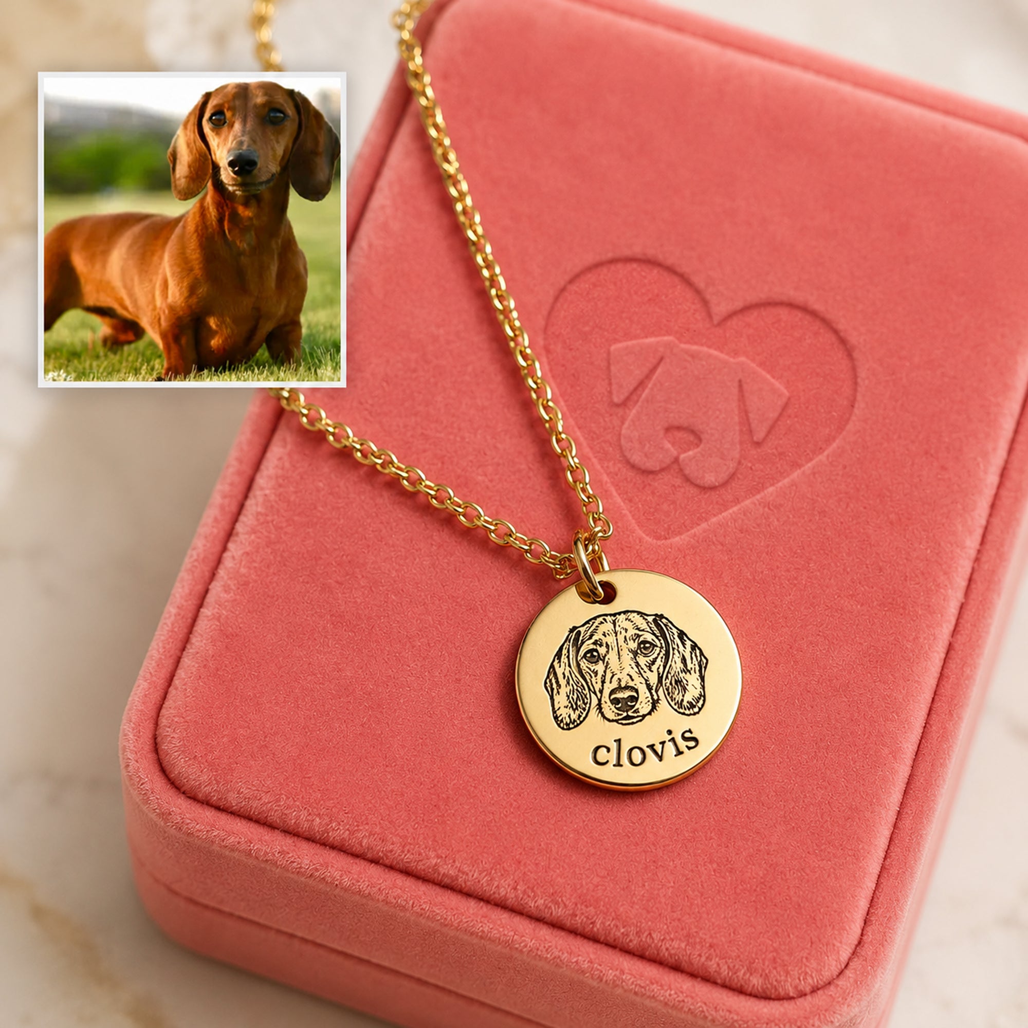 Custom gold pet portrait necklace featuring Clovis the Dachshund