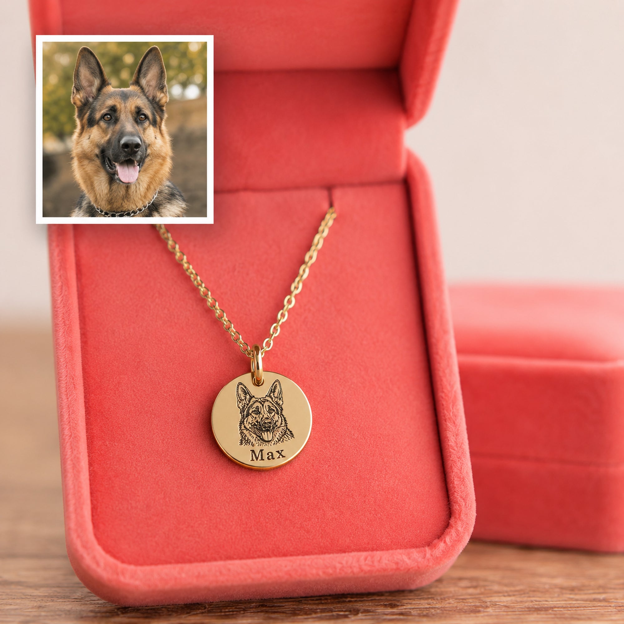 Custom gold pet portrait necklace featuring Max the German Shepherd